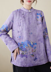 Chinese Style Purple Stand Collar Print Warm Fleece Top Winter