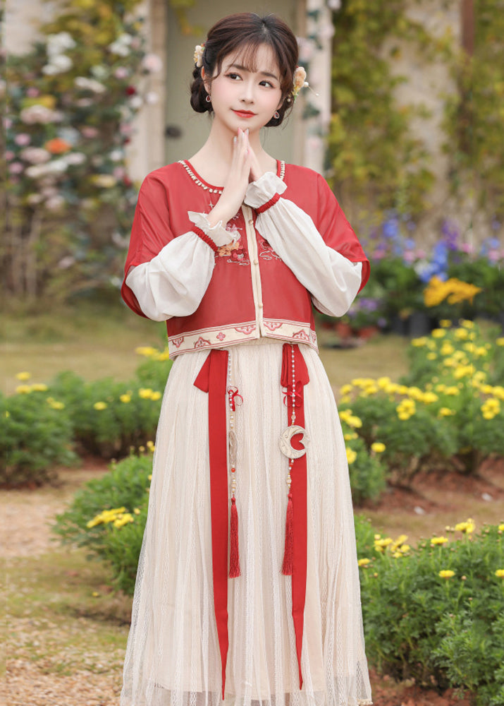 Chinese Style Red Embroidered Tops And Pleated Skirt Chiffon Two Pieces Set Long Sleeve