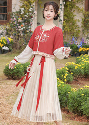 Chinese Style Red Embroidered Tops And Pleated Skirt Chiffon Two Pieces Set Long Sleeve