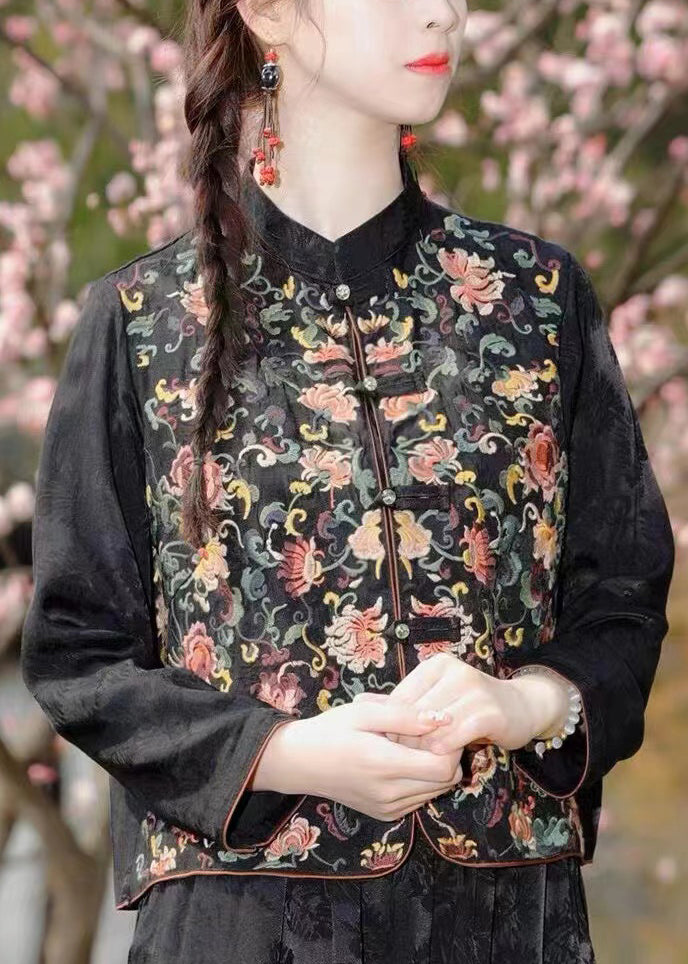 Chinese Style Red Stand Collar Embroidered Patchwork Silk Coat Fall