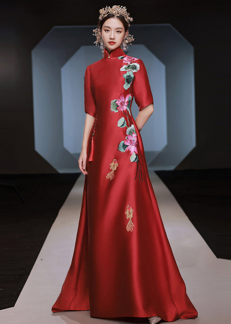 Chinese Style Red Stand Collar Embroidered Silk Dresses Half Sleeve