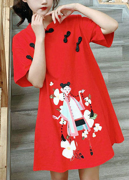 Chinese Style Red Stand Collar Print Vacation Dress Short Sleeve