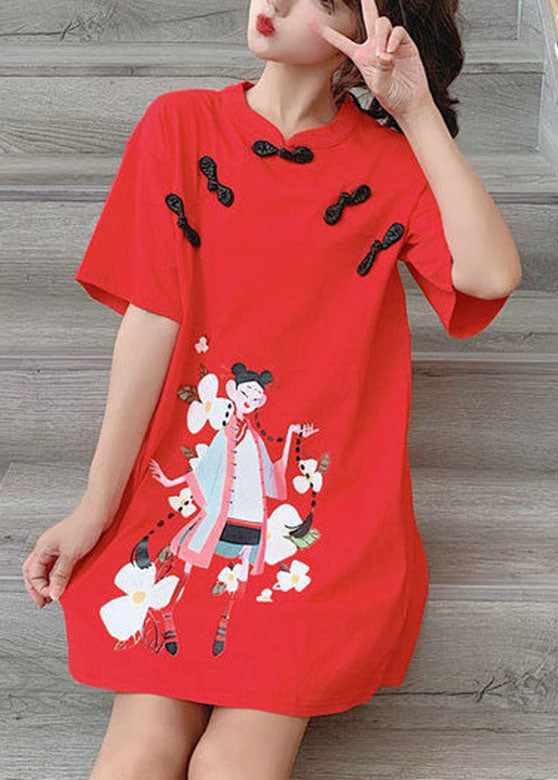 Chinese Style Red Stand Collar Print Vacation Dress Short Sleeve