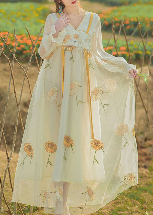 Chinese Style Sunflower Embroidered Tasseled Patchwork Tulle Dresses Flare Sleeve