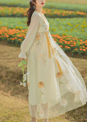 Chinese Style Sunflower Embroidered Tasseled Patchwork Tulle Dresses Flare Sleeve