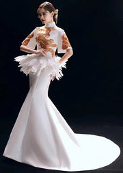 Chinese Style White Backless Feather Patchwork Silk Fishtail Dresses Summer