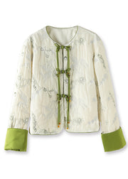 Chinese Style White Embroidered Button Silk Velour Parka Long Sleeve