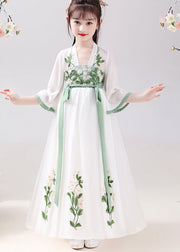 Chinese Style White Embroidered Tie Waist Patchwork Chiffon Kids Girls Dresses Summer