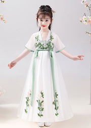 Chinese Style White Embroidered Tie Waist Patchwork Chiffon Kids Girls Dresses Summer