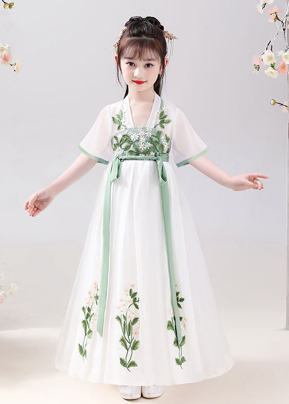 Chinese Style White Embroidered Tie Waist Patchwork Chiffon Kids Girls Dresses Summer