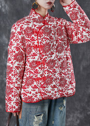 Chinese Style White Print Chinese Button Fine Cotton Filled Jacket Winter