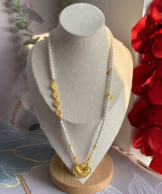 Chinese Style White Sterling Silver Overgild Pearl Floral Ruyi Lock Sweater Pendant Necklace