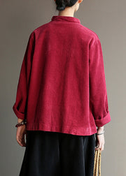 Chinese Style Wine Red Pockets Button Corduroy Coats Long Sleeve