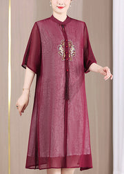 Chinese Style Wine Red Stand Collar Embroidered Patchwork Dress Summer