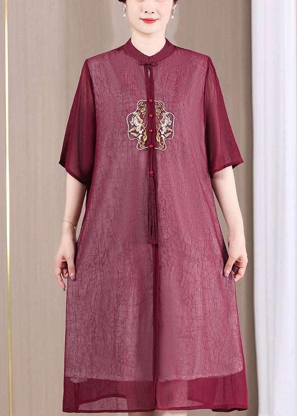 Chinese Style Wine Red Stand Collar Embroidered Patchwork Dress Summer