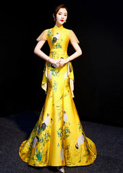 Chinese Style Yellow Embroidered Wrinkled Patchwork Silk Vacation Dresses Summer