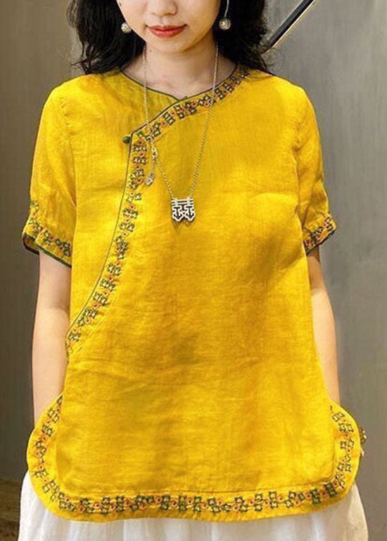 Chinese Style Yellow O-Neck Embroidered Linen Tops Short Sleeve