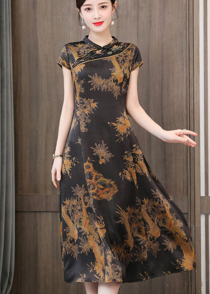 Chinese Style Yellow Print Stand Collar Zippered Silk Cheongsam Dress Summer