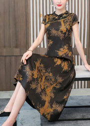 Chinese Style Yellow Print Stand Collar Zippered Silk Cheongsam Dress Summer