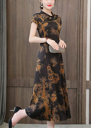 Chinese Style Yellow Print Stand Collar Zippered Silk Cheongsam Dress Summer