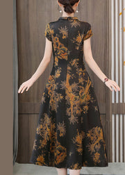 Chinese Style Yellow Print Stand Collar Zippered Silk Cheongsam Dress Summer