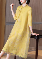 Chinese Style Yellow Ruffled Button Print Long Dress Half Sleeve