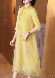 Chinese Style Yellow Ruffled Button Print Long Dress Half Sleeve