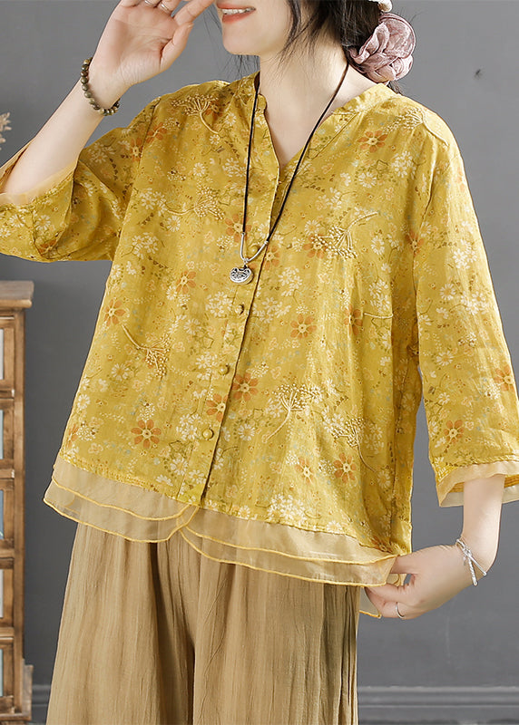 Chinese Style Yellow V Neck Embroidered Linen Shirt Top Summer