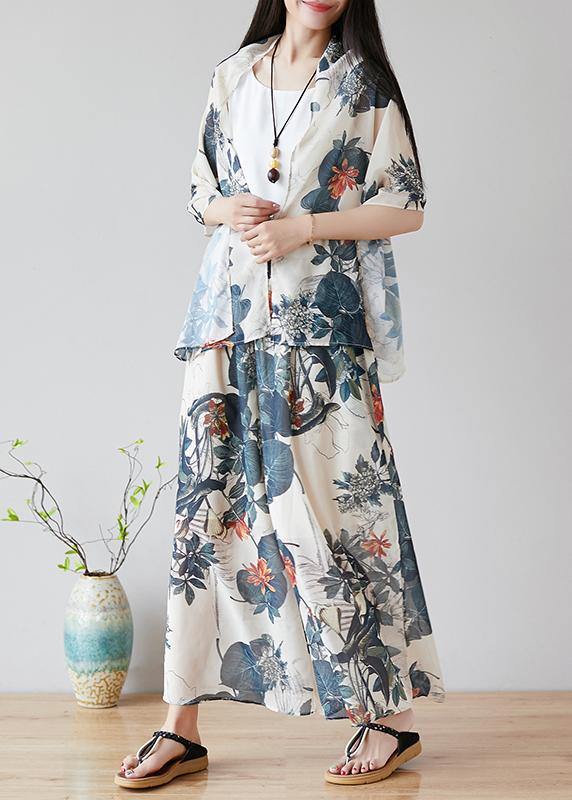 Chinese style nude color printing retro loose large size casual chiffon skirt pants wide leg pants skirt + shawl - bagstylebliss