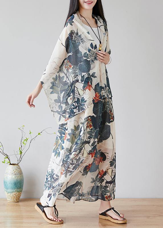 Chinese style nude color printing retro loose large size casual chiffon skirt pants wide leg pants skirt + shawl - bagstylebliss