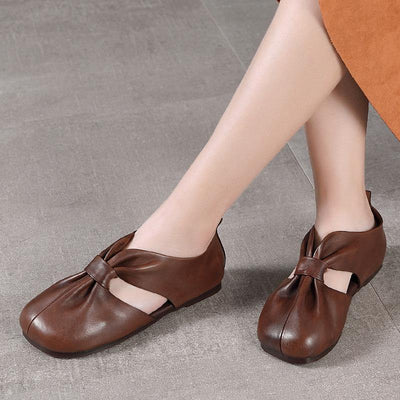 Chocolate Beautiful Hollow Out Flat Feet Shoes Cowhide Leather - bagstylebliss