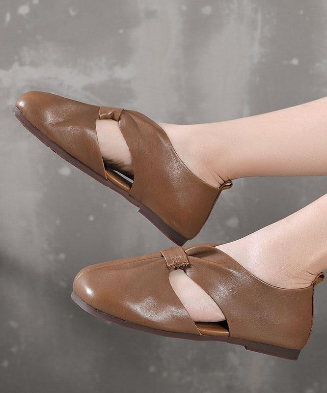 Chocolate Beautiful Hollow Out Flat Feet Shoes Cowhide Leather - bagstylebliss