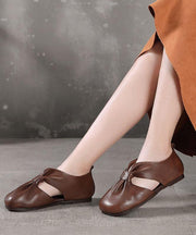 Chocolate Beautiful Hollow Out Flat Feet Shoes Cowhide Leather - bagstylebliss