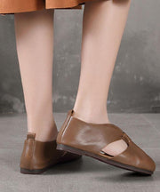 Chocolate Beautiful Hollow Out Flat Feet Shoes Cowhide Leather - bagstylebliss