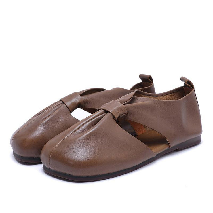 Chocolate Beautiful Hollow Out Flat Feet Shoes Cowhide Leather - bagstylebliss