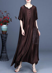 Chocolate Button Design Pockets Summer Silk Ankle Dress - bagstylebliss
