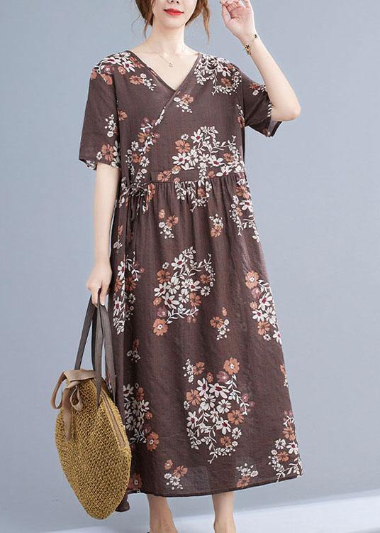 Chocolate Casual Retro Print Summer Vacation Dresses Short Sleeve - bagstylebliss