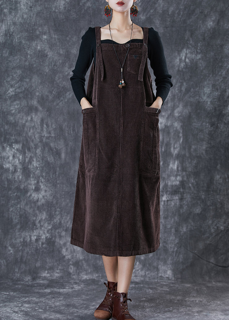 Chocolate Corduroy Strap Dress Oversized Pockets Fall