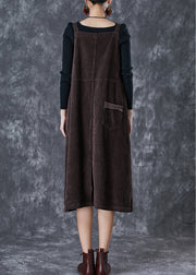 Chocolate Corduroy Strap Dress Oversized Pockets Fall