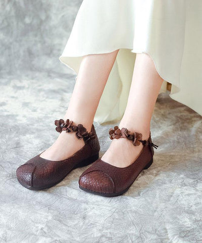 Chocolate Cowhide Leather Buckle Strap Loafers For Women - bagstylebliss