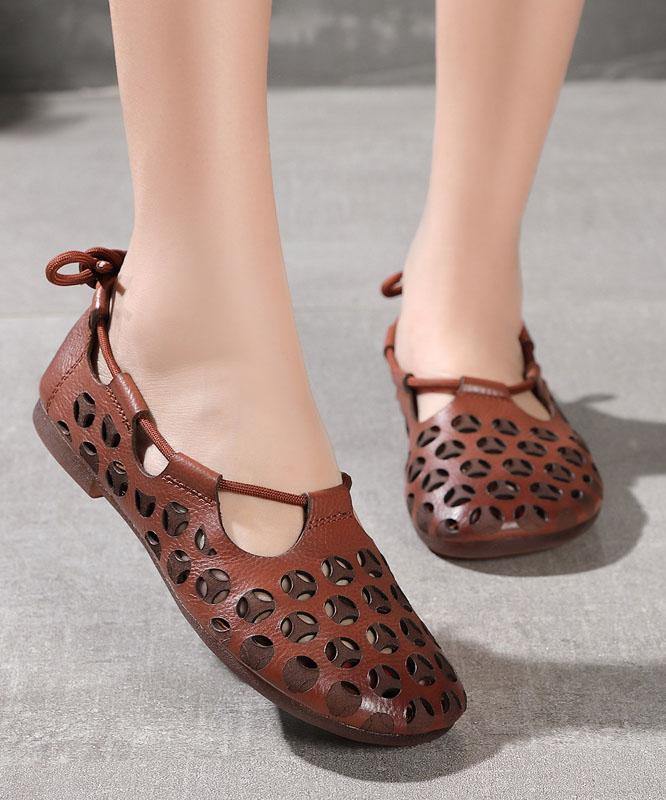 Chocolate Flat Shoes Cowhide Leather Vintage Hollow Out Flats - bagstylebliss