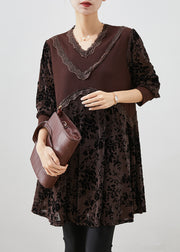 Chocolate Jacquard Patchwork Silk Velour Dresses V Neck Fall