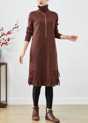 Chocolate Knit Sweater Dress High Neck Tasseled Fall