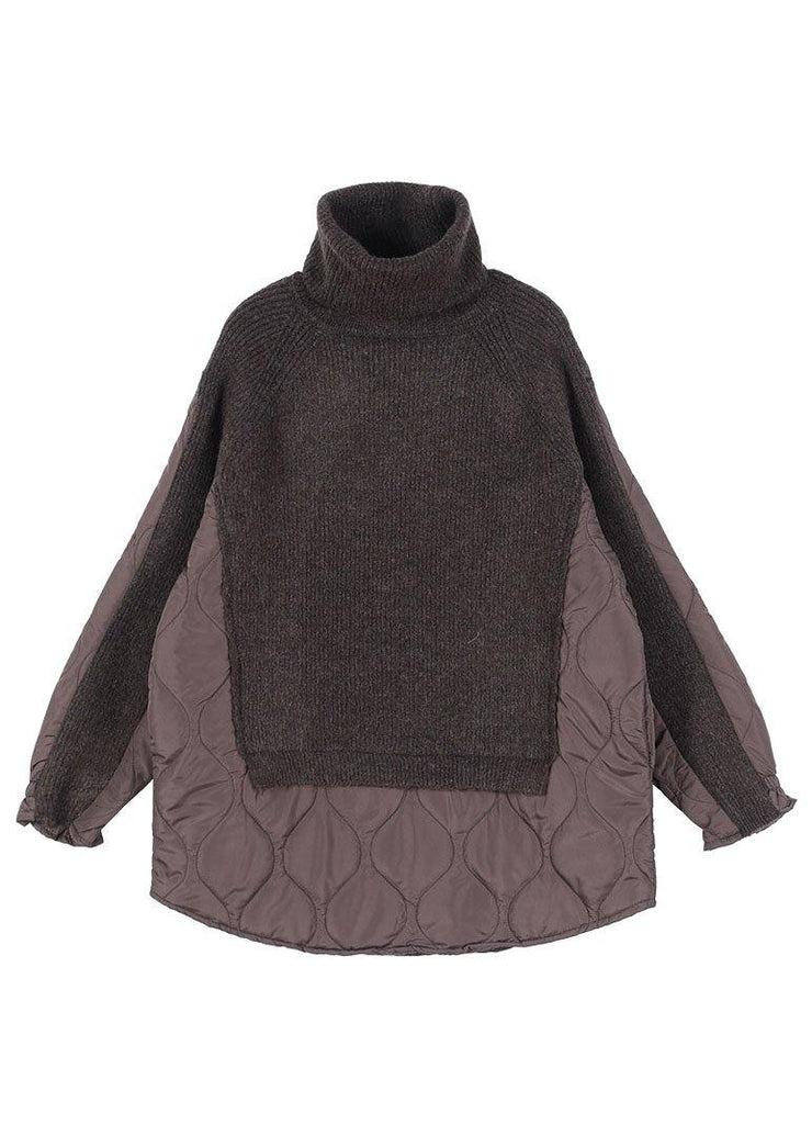 Chocolate Knitted high neck combed rhombic Plaid Cotton Sweater - bagstylebliss