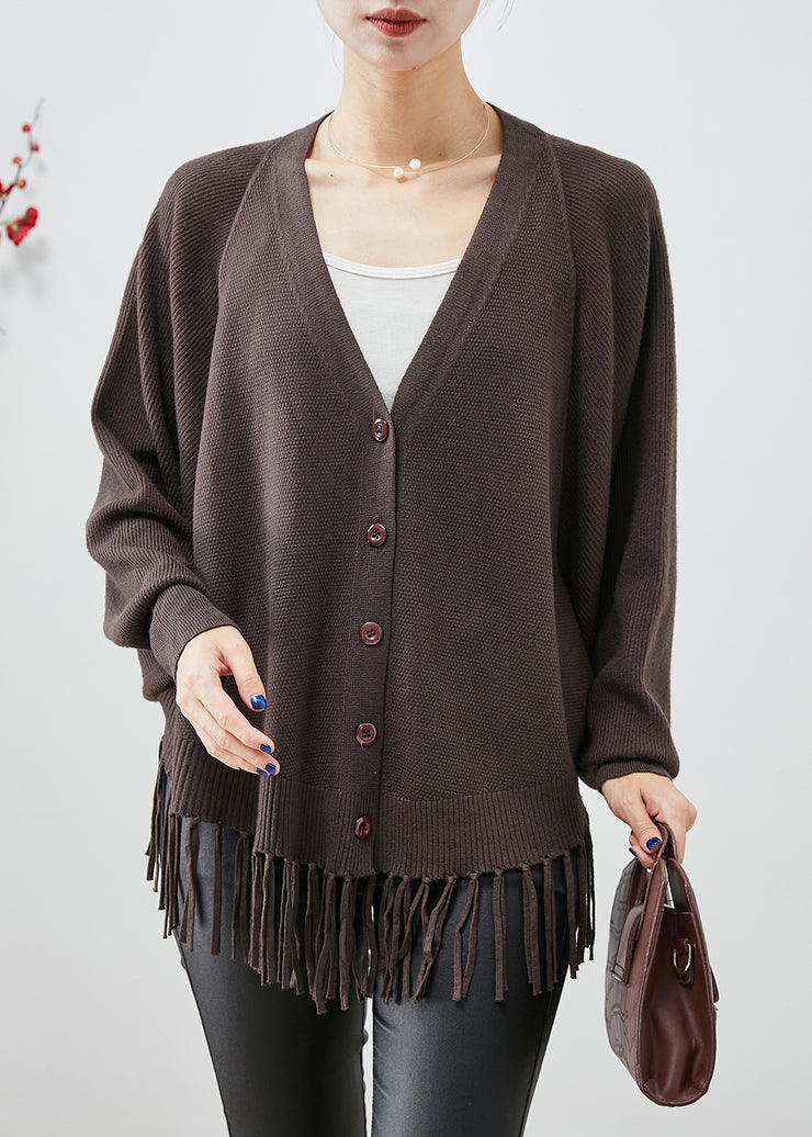 Chocolate Loose Knit Coats V Neck Tasseled Fall