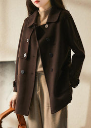 Chocolate Loose Woolen Trench Peter Pan Collar Double Breast Fall