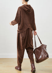 Chocolate Patchwork Corduroy Two Pieces Set Oversized Batwing Sleeve