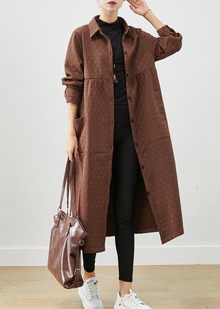 Chocolate Patchwork Cotton Trench Coats Oversized Pockets Fall