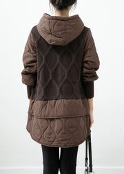 Chocolate Patchwork Knit Fine Cotton Filled Pullover Streetwear Dress Hooded Winter