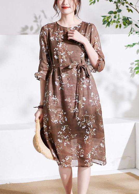 Chocolate Ruffled Patchwork Print Summer Ramie Dress Half Sleeve - bagstylebliss